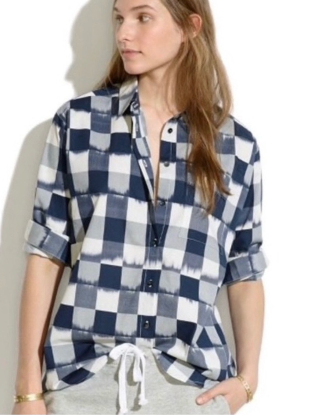 Madewell Navy and White Checkered Plaid Button-Down Shirt